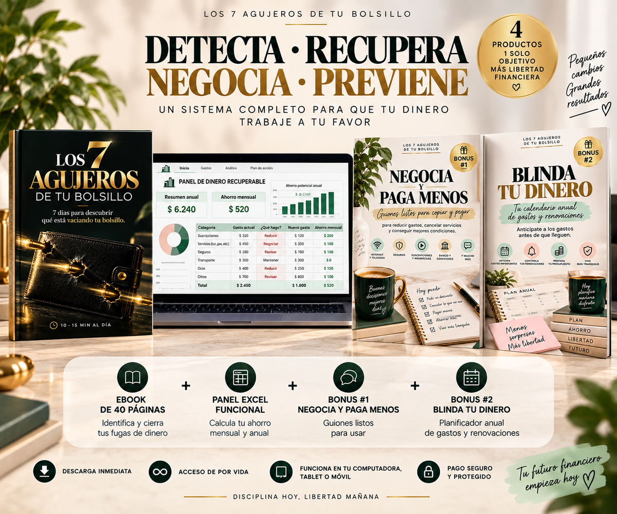 Los 7 Agujeros de tu Bolsillo — Sistema práctico para recuperar dinero que ya estás gastando.